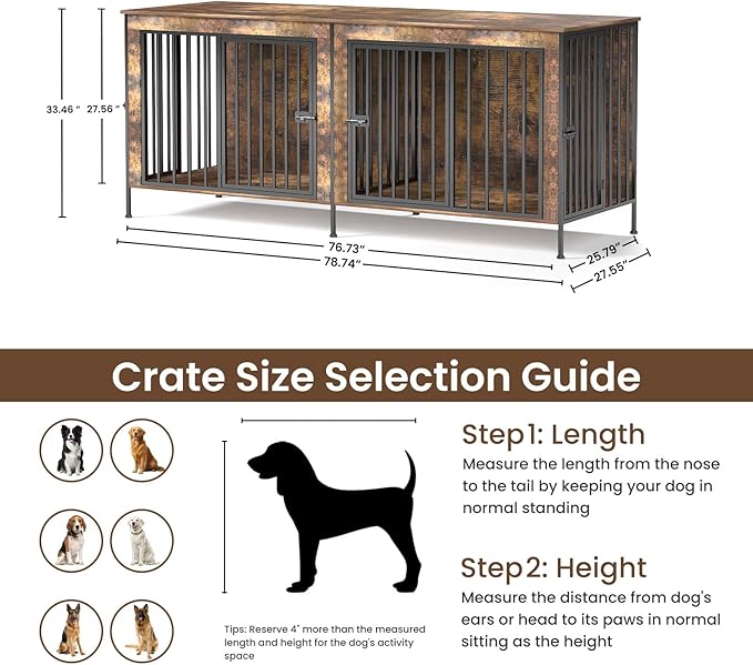 Dog Crate Furniture 78" Heavy Duty for 2 Large Dog, Sturdy Indoor Dog Kennel Table with 3 Doors, Elevated Robot Vacuum Friendly Base, Decorative Cage TV Stand & End Table, Rustic Brown