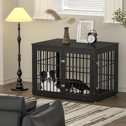 rehomerance 42 Inch Heavy Duty Dog Crate Furniture for Large and Medium Dogs, Decorative Pet House End Table, Wooden Cage Kennel Furniture Indoor, Black