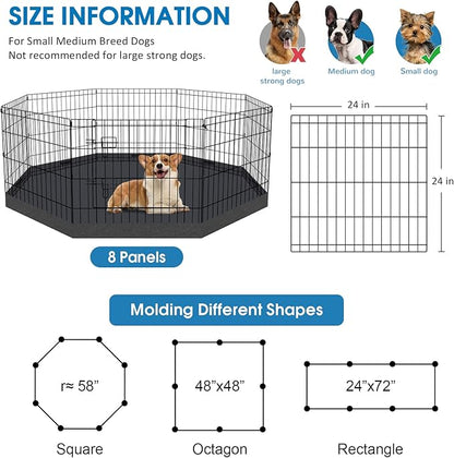 Dog Pen Pet Playpen Dog Fence Indoor Foldable Metal Wire Exercise Puppy Play Yard Pet Enclosure Indoor Outdoor 8 Panels 24 Inch with Bottom Pad/Top Cover (Black with Bottom pad)