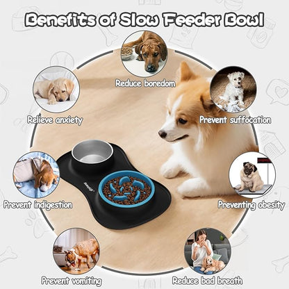 MateeyLife Dog Food and Water Bowl Set 3 in 1, Slow Feeder Dog Bowls & Stainless Steel Water Bowl with Non-Spill Silicone Mat, Cat and Puppy Bowls Pet Dishes for Small Medium Large Breed Anti-Choking
