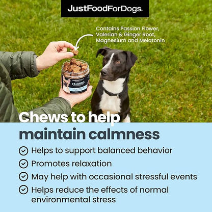 JustFoodForDogs Calming Supplement for Dogs, Human Grade Magnesium and Melatonin Dog Supplements, Promotes Relaxation, Soft Chews, Superfood Blend, Plant Based Dog Vitamins - 45 Count