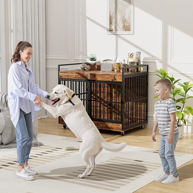 45 Inch Dog Crate Furniture for Large Dog with 2 Stainless Steel Bowls, Heavy Duty Dog Kennel Indoor, Large Wooden Dog Crate Table for Decorate House As TV Stand, End Table