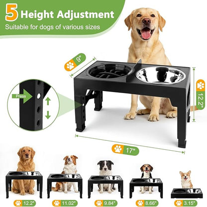 MECHEER 4-in-1 Dog Bowl Elevated Stand with Slow Feeder & Spill-Proof Water Bowl, 5-Height Adjustable Raised Dog Bowl for Large, Medium, and Small Dogs, Non-Slip Base Dog Feeding Station