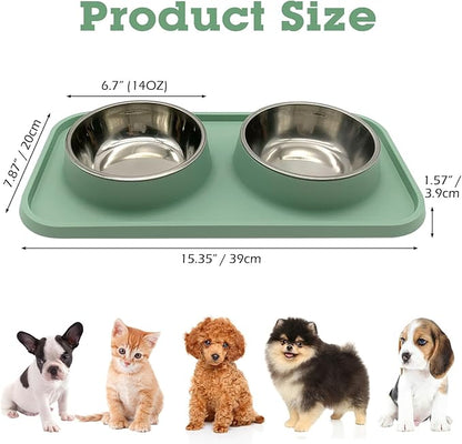 BNOSDM Double Dog Food Bowls Stainless Steel Dog Food and Water Bowls with Non-Spill Plastic Mat Pet Cat Feeder Bowl Set for Puppy Cats Kitten Small Dogs, Dark Green