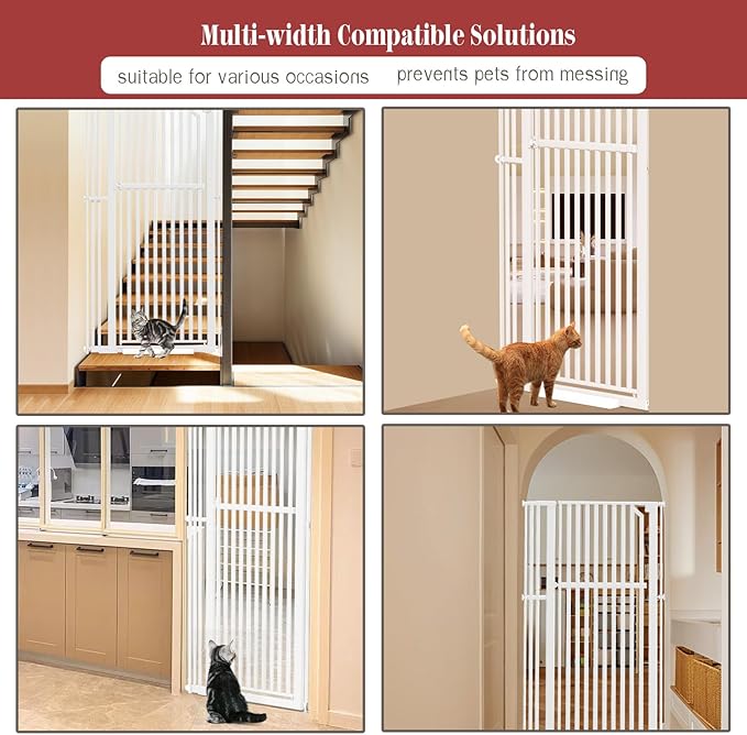 Glaf Extra Tall Pet Gate 63" Pressure Mounted Cat Door Safety Metal Cat Gate Adjustable Width Dog Gate Auto-Close Dog Door for Doorways, Stairs, Kitchen, Hallway (White, 33.86-37.4")