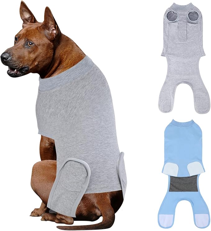2 Packs Breathable Cotton Dog Recovery Suit for After Neuter Spay Abdominal Wounds Protector, Professional Anti-Licking Onesies for Male Female Pets Surgery Bandages, 2XL Red & Blue Pure