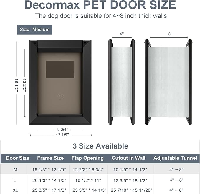 Heavy Duty Dog Door for Wall, Energy Efficient Doggie Door with Aluminum Frame, Telescoping Tunnel, Double Magnetic Flaps and Two Sliding Lock Panels, Easy to Install, Black, Medium