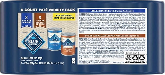 Blue Buffalo Homestyle Recipe Chicken and Turkey Wet Dog Food for Adult Dogs, 12.5 oz. Cans, 6 Count Variety Pack