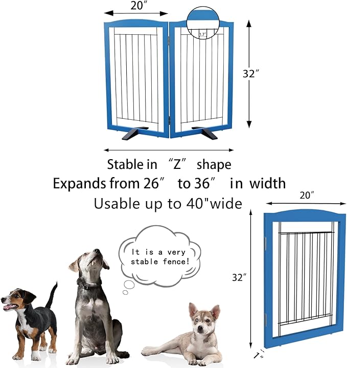 ZJSF Freestanding Dog Fence Indoor, Foldable Dog Gate for Doorways, Stairs or Hallways, Sturdy Wood Extra Wide Pet Gate with Support Feet for The House, Blue, 32 "Height-2 Panels