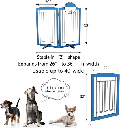 ZJSF Freestanding Dog Fence Indoor, Foldable Dog Gate for Doorways, Stairs or Hallways, Sturdy Wood Extra Wide Pet Gate with Support Feet for The House, Blue, 32 "Height-2 Panels