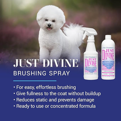 Chris Christensen Just Divine Dog Brushing Spray, Groom Like a Professional, Prevents Brushing Damage, Light Detangler, Ready to Use, All Coat Types, Made in USA, 16oz