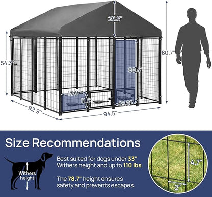 Large Outdoor Dog Kennel with Roof, 7.9×7.9×6.6FT Heavy-Duty Dog Cage with 3 Swivel Feeding Bowls, Double Doors, Anti-Rust Metal Dog Run for All-Weather Protection
