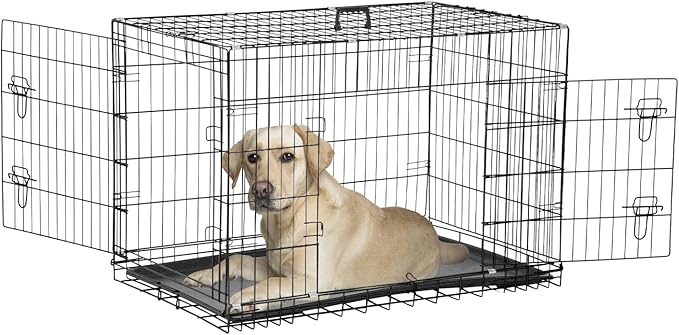 Dog Crate, Wire Kennel with Divider Panel, Metal Cages with Double Door, Leak-Proof Pan Tray, Folding Portable Pet Dog Cage for Indoor Outdoor Travel (Black, 48")