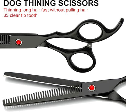 FAIGEO Professional Dog Grooming Scissors Set Stainless Steel Dog Grooming Kit - Thinning, Curved Scissors and Comb for Cat Pet (Black 5 in1)