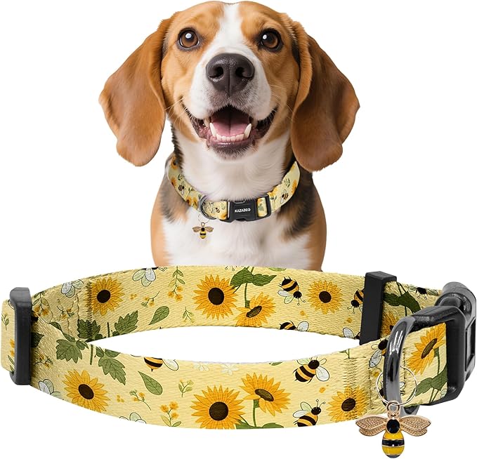 Kazazoo Dog Collar Cute and Soft Nylon Puppy Collar for Boy and Girl, Adjustable Dog Collars for Small Medium Dogs, Bees and Sunflowers-M