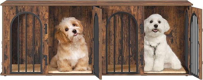 Hzuaneri 63" Dog Crate Furniture for 2 Dogs, Heavy Duty Indoor Dog Kennel TV Stand, L Wooden Dog Cage with Divider for Medium Large Dogs, End Table Dog Crate with Cushion, Rustic Brown DFC80901B