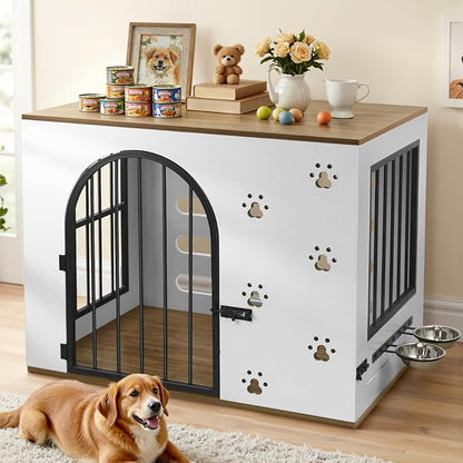 32" Dog Crate Furniture for Small Medium Dogs, Heavy Duty Wood Metal Indoor Dog Kennel with Bowls, Decorative Pet Cage Dog House as TV Stand, White & Wood