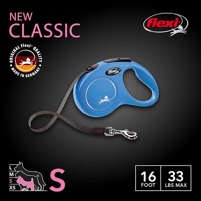 FLEXI New Classic Tape Retractable Dog Leash for Small Dogs Upto 33 lbs. – 16 ft., Blue | Tangle Free Pet Walking Leash with One-Handed Brake, Pause, Lock|German Quality Product