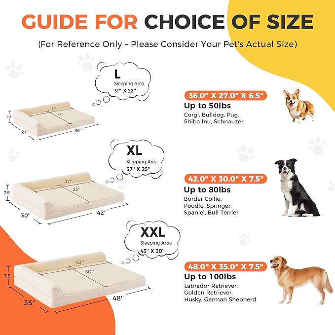 Dog Bed Large Sized Dogs, Orthopedic Dog Bed for Large Dogs, Waterproof Pet Bed with Washable Removable Cover, L-Shaped Pet Couch with Portable Handle 36"x27"x6.5", Beige
