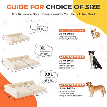 Dog Bed Large Sized Dogs, Orthopedic Dog Bed for Large Dogs, Waterproof Pet Bed with Washable Removable Cover, L-Shaped Pet Couch with Portable Handle 36"x27"x6.5", Beige