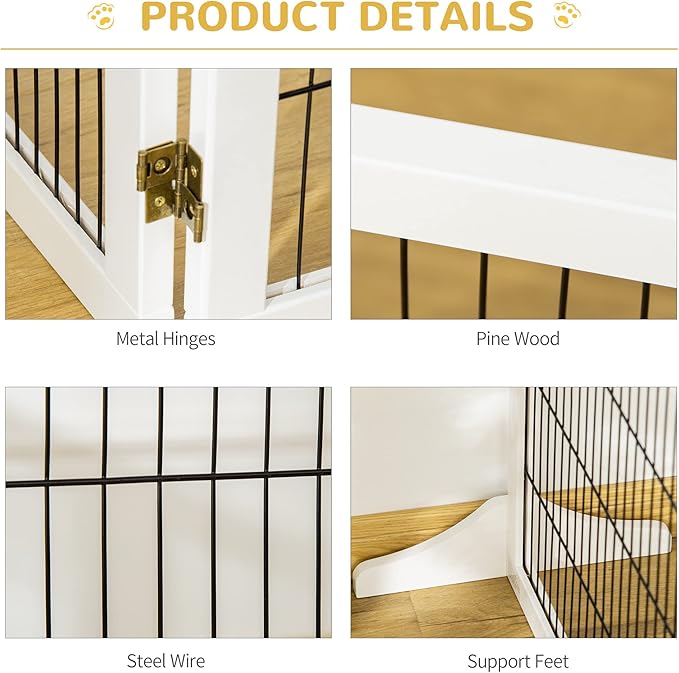 Wooden Dog Gate, 170" Freestanding Pet Gate, 6-Panel Foldable Dog Safety Barrier with 2 Support Feet for House Doorway Stairs, Small and Medium Dogs, White