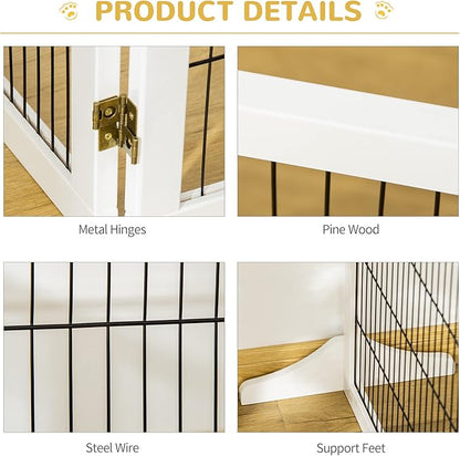 Wooden Dog Gate, 170" Freestanding Pet Gate, 6-Panel Foldable Dog Safety Barrier with 2 Support Feet for House Doorway Stairs, Small and Medium Dogs, White