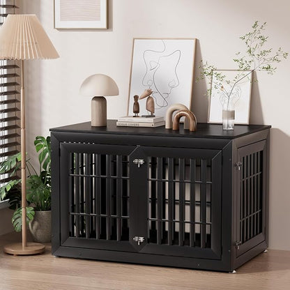 Snuowu 48" Heavy Duty Dog Crate Furniture for Small,Medium and Large Dogs,Rustic Wooden Dog Cage Kennel Indoor Furniture with Waterproof Top,Decorative Pet House Side End Table (Black)
