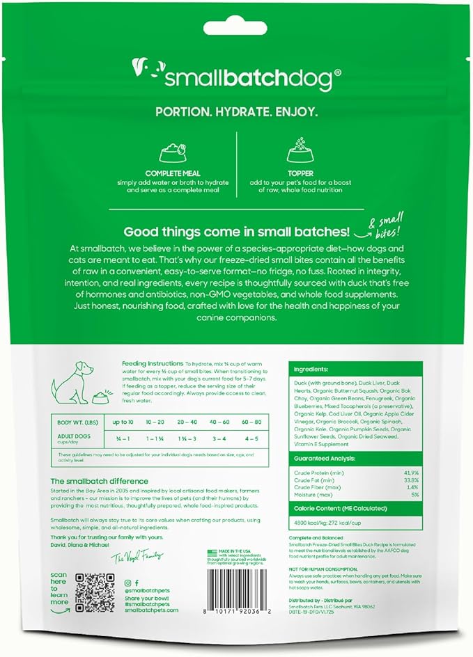 smallbatch Pets Freeze-Dried Raw Dog Food – Duck Recipe – 19oz Small Bites – High Protein, Grain Free – Complete Meal or Topper – Made in USA with Organic Superfoods 19 Oz, Duck