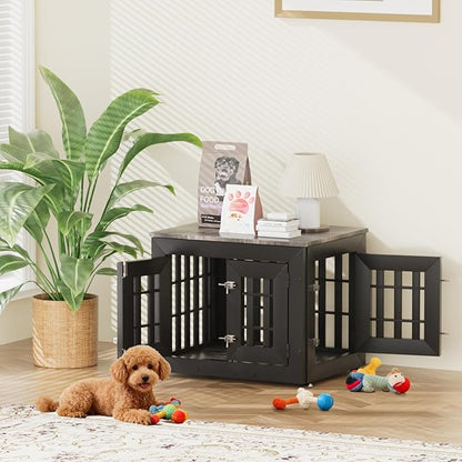Snuowu 26" Heavy Duty Dog Crate Furniture for Small,Medium and Large Dogs,Rustic Wooden Dog Cage Kennel Indoor Furniture with Waterproof Top,Decorative Pet House Side End Table (Black & Grey)