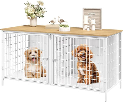 MAHANCRIS Dog Crate Furniture for 2 Dogs, 43.3" Dog Kennel with Removable Divider, Heavy Sturdy Dog Furniture Style Double Cage for Small Medium Dogs, Indoor Pet House End Table, Natural and White