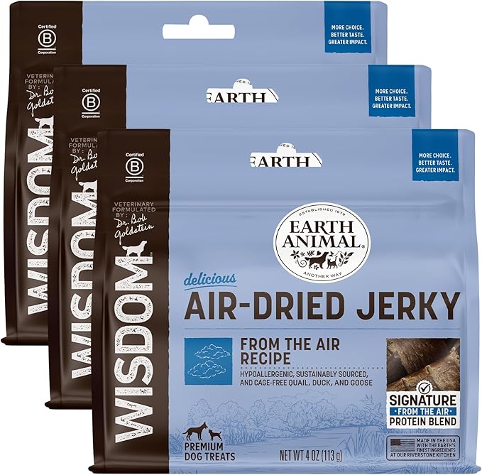 Earth Animal Wisdom Air Dried Jerky - From the Air Recipe Premium Natural Jerky Strips Dog Treats - 3 Pack 4 oz Bag