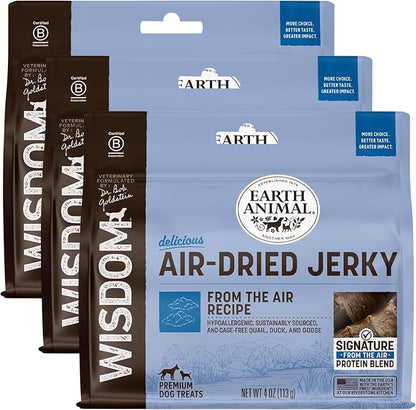 Earth Animal Wisdom Air Dried Jerky - From the Air Recipe Premium Natural Jerky Strips Dog Treats - 3 Pack 4 oz Bag