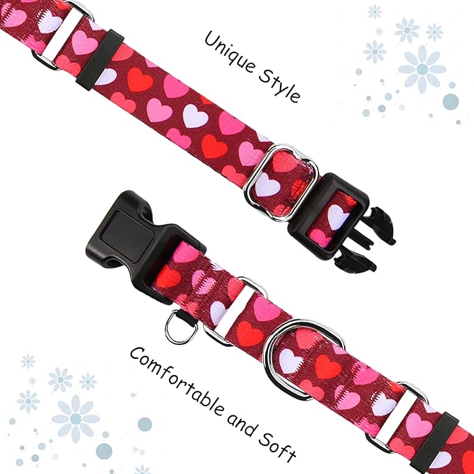 Pink Martingale Collar for Dogs with Buckle Adjustable Heart Valentines Dog Collars (Burgundy Love, Medium)