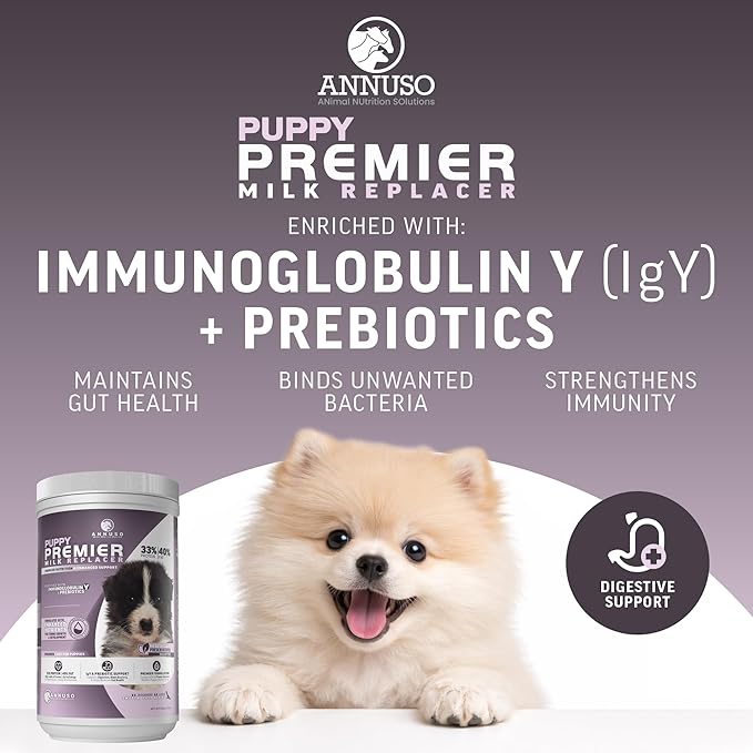 ANNUSO Puppy Premier Milk Replacer, 12oz - 33% Protein & 40% Fat - with IgY & Probiotics for Growth, Energy & Immune Support - for Birth to Weaning, Easy-Mix Powder