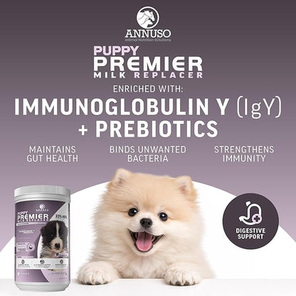 ANNUSO Puppy Premier Milk Replacer, 12oz - 33% Protein & 40% Fat - with IgY & Probiotics for Growth, Energy & Immune Support - for Birth to Weaning, Easy-Mix Powder