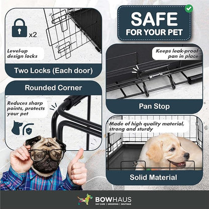 BOWHAUS Foldable Dog Crate Wire Metal Dog Kennel w/Divider Panel, Leak-Proof Pan & Protecting Feet, Single & Double Door, Small, Medium & Large Dog Crate Indoor Wire Dog Cage, 36” w/Double Doors