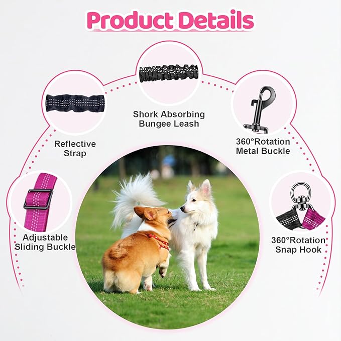 Double Dog Leash - 360°Swivel Tangle Free Splitter Attachment, 2 Dogs Multi-Functional Leashes, Dual Rope for Outdoor Walk Train Small Medium Large Two Pet, Fuchsia