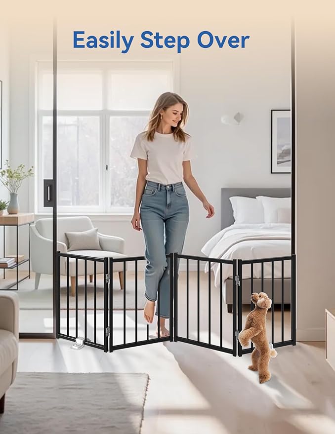 BFNN Free Standing Dog Gate, 16.5" Short Pet Gate for Stairs and Doorways, Up to 48" Wide Foldable Puppy Fence, Indoor & Outdoor Use, No Drilling and No Assembly, for Small & Toy Dogs, Black
