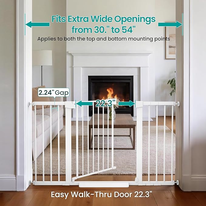 Cumbor 2-Pack Baby & Dog Gates Bundle, 29.7-48" & 30-54" Extra Wide Safety Gates for Stairs Doorways Hallways, Dual Lock Auto Close Easy Install Pet Gate, White