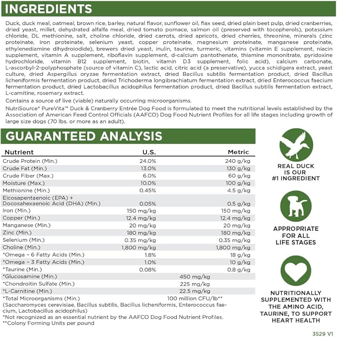 NutriSource Pure Vita Duck & Cranberry Dog Food, 4LB
