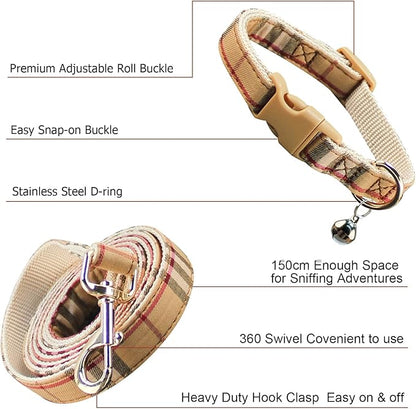 Cute Plaid Dog Collar Harness and Leash with Safety Buckle - Adjustable and No Pull Comfortable Dog Collars for Small Puppy, Stylish Durable Gift for Boy Girl Pets