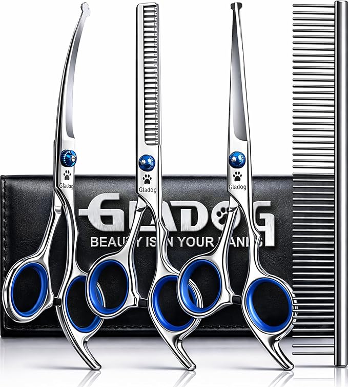 GLADOG Professional 5 in 1 Dog Grooming Scissors Set with Safety Round Tips, Sharp and Heavy-duty Pet Grooming Shears for Cats