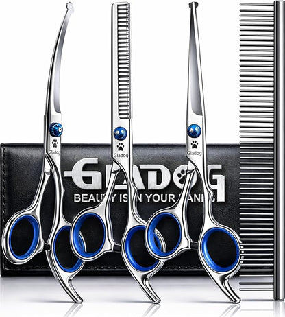 GLADOG Professional 5 in 1 Dog Grooming Scissors Set with Safety Round Tips, Sharp and Heavy-duty Pet Grooming Shears for Cats