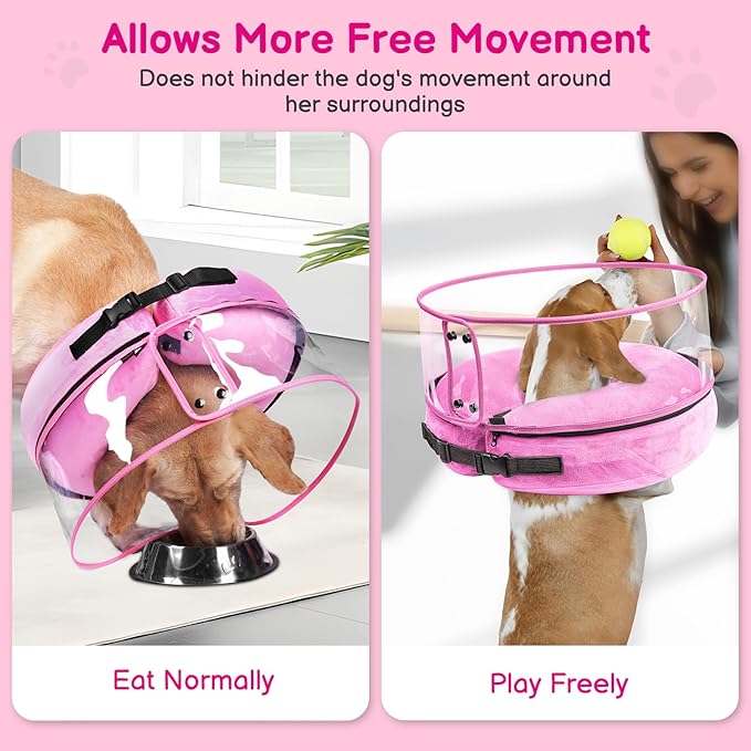 BARKLESS Inflatable Dog Cone, Protective Dog Surgery Collar to Stop Licking Biting Wounds, Patented Soft Donut Cone with Clear Shield, Adjustable Blow-up Collar for Surgery Recovery (Pink, M+)