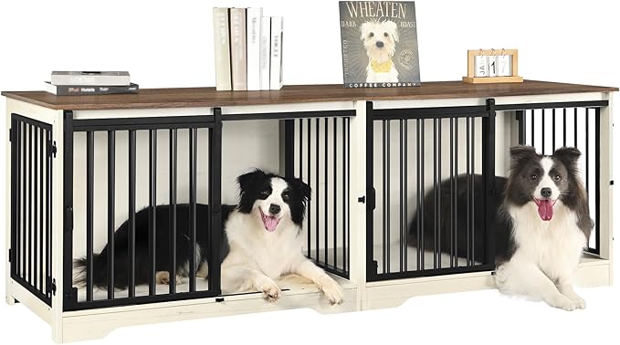 Hzuaneri 78" Dog Crate Furniture for 2 Dogs, Double Dog Cage with Divider, Wooden Heavy Duty Dogs Kennel, Pet Cage with Barn Door, TV Stand for Large Small Medium Dogs, White Brown DFC83714BV1