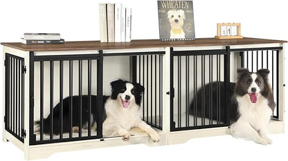 Hzuaneri 78" Dog Crate Furniture for 2 Dogs, Double Dog Cage with Divider, Wooden Heavy Duty Dogs Kennel, Pet Cage with Barn Door, TV Stand for Large Small Medium Dogs, White Brown DFC83714BV1