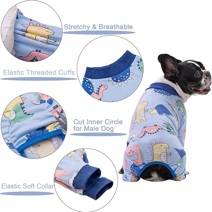 Recovery Suit for Surgery Small Medium Dogs Onesie, Cute Soft Pajamas Bodysuit Cone Alternative Prevent Licking, Female Male (Small, Dinosaur Blue)