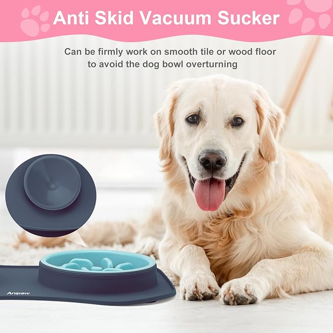 Anipaw Slow Feeder Dog Bowls 3 in 1 Stainless Steel Dog Food and Water Bowls with Non-Spill and Non-Skid Silicone Mat to Slow Down Eating for Large Medium Small Breed Size Dogs and Cats (Light Grey)