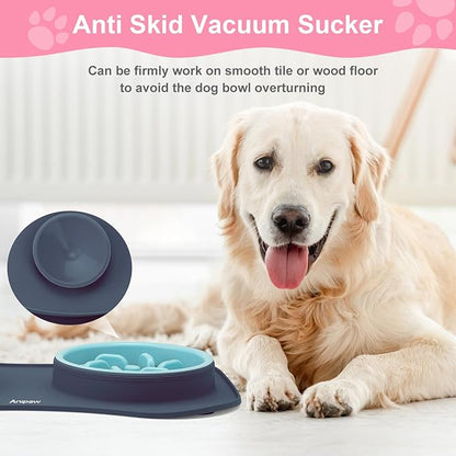 Anipaw Slow Feeder Dog Bowls 3 in 1 Stainless Steel Dog Food and Water Bowls with Non-Spill and Non-Skid Silicone Mat to Slow Down Eating for Large Medium Small Breed Size Dogs and Cats (Light Grey)