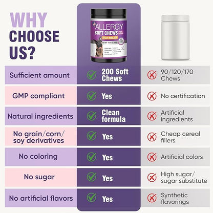 Dog Allergy Chews 200ct - Dog Allergy Itching Skin Relief & Immune Support Anti Itch Probiotics for Yeast, Itchy Skin and Itchy Ears, Vitamins for Seasonal Allergies Itchy Skin, Gut Health, Chicken